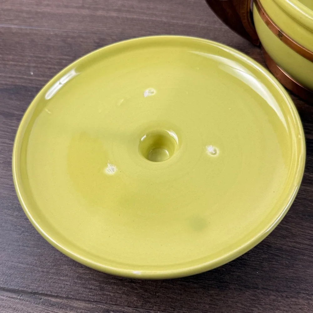 Bauer Pottery Chartreuse Casserole Lid Copper Wood Stand California
